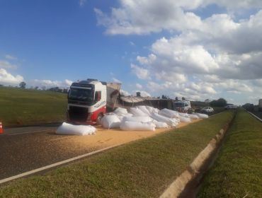 Caminhão carregado com milho tomba em rodovia de Avaré e carga fica espalhada em pista