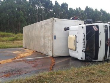 Pneu estoura e caminhão com medicamentos tomba em Avaré